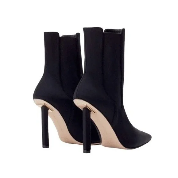 Good American High Kickstand Neoprene Heeled Bootie Black Gold Heel Boots 10 - Picture 1 of 5